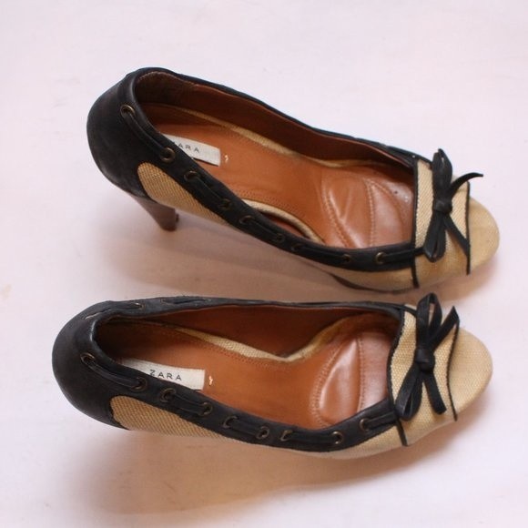 ZARA Peep Toe Canvas Pumps Heels Navy Cream Nautical Style Vintage Sz 37 US 6.5 - Picture 6 of 14
